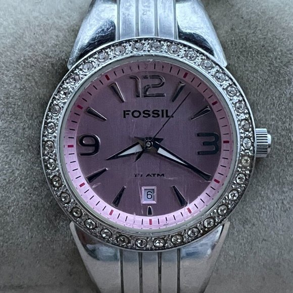 Fossil Women Wristwatch Pink Face Date Calendar Quartz Silver tone Watch - Picture 4 of 9